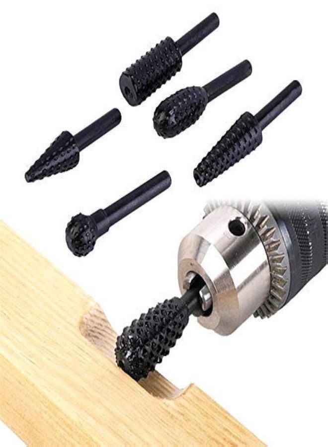 SHB 5Pcs/Set High Speed Steel Burr Drill Bit Set Wood Carving Rasps For Dremel Shank Burs Tools Cutting Tool Black, Round - Image 1